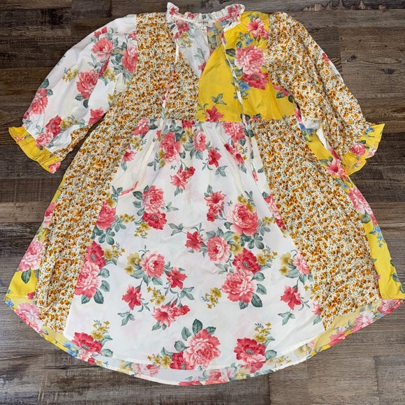 Umgee USA Boho Floral Patchwork Dress Small Ruffle Neck - Picture 3 of 8